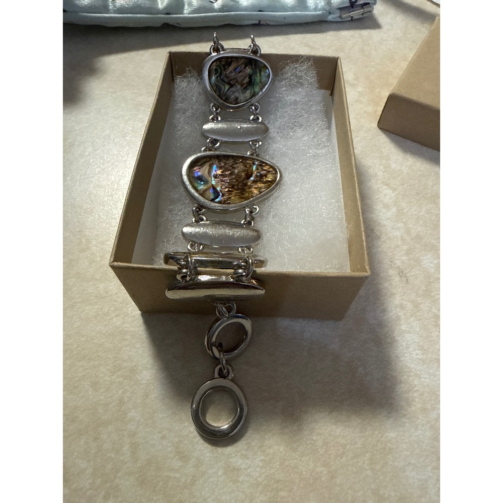 Silver Tone Abalone Shell Link Bracelet Toggle Clasp Statement Jewelry